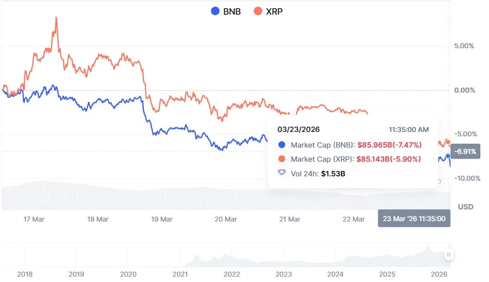 BNB vs XRP Market Cap on 23 March 2026 from CoinMarketCap