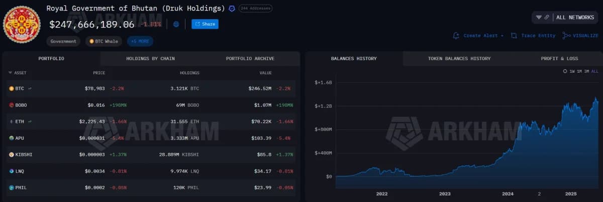 Bhutan currently holds 3,121 BTC ($246.5M). Source: Arkham Intelligence