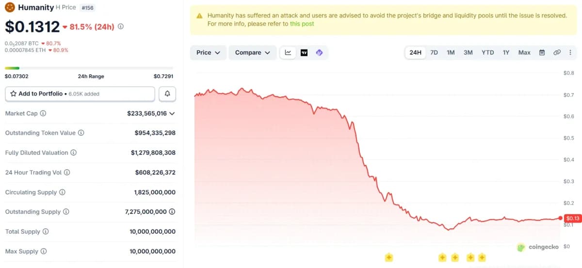 Humanity H Token 24-Hour Price Chart Following Network Attack. Source: CoinGecko
